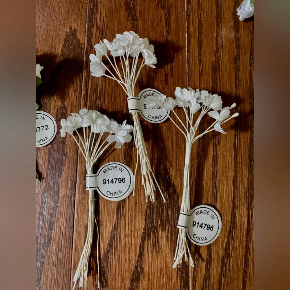 Wedding Set of 9 items artificial flowers and ribbon white silver green